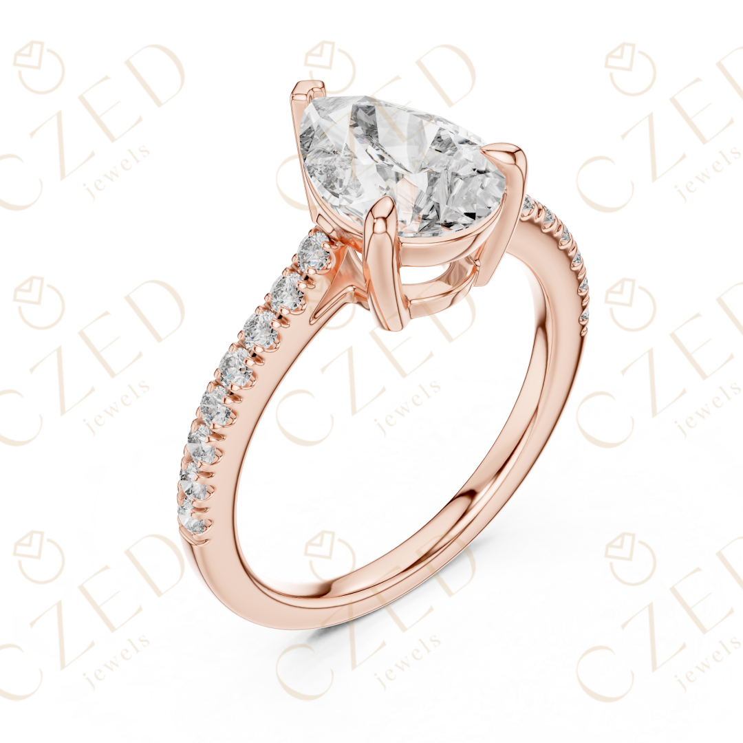 Pear Cut Diamond Solitaire Ring with Elegant Pave Side Stones