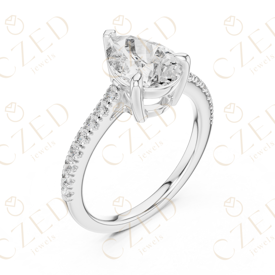Pear Cut Diamond Solitaire Ring with Elegant Pave Side Stones