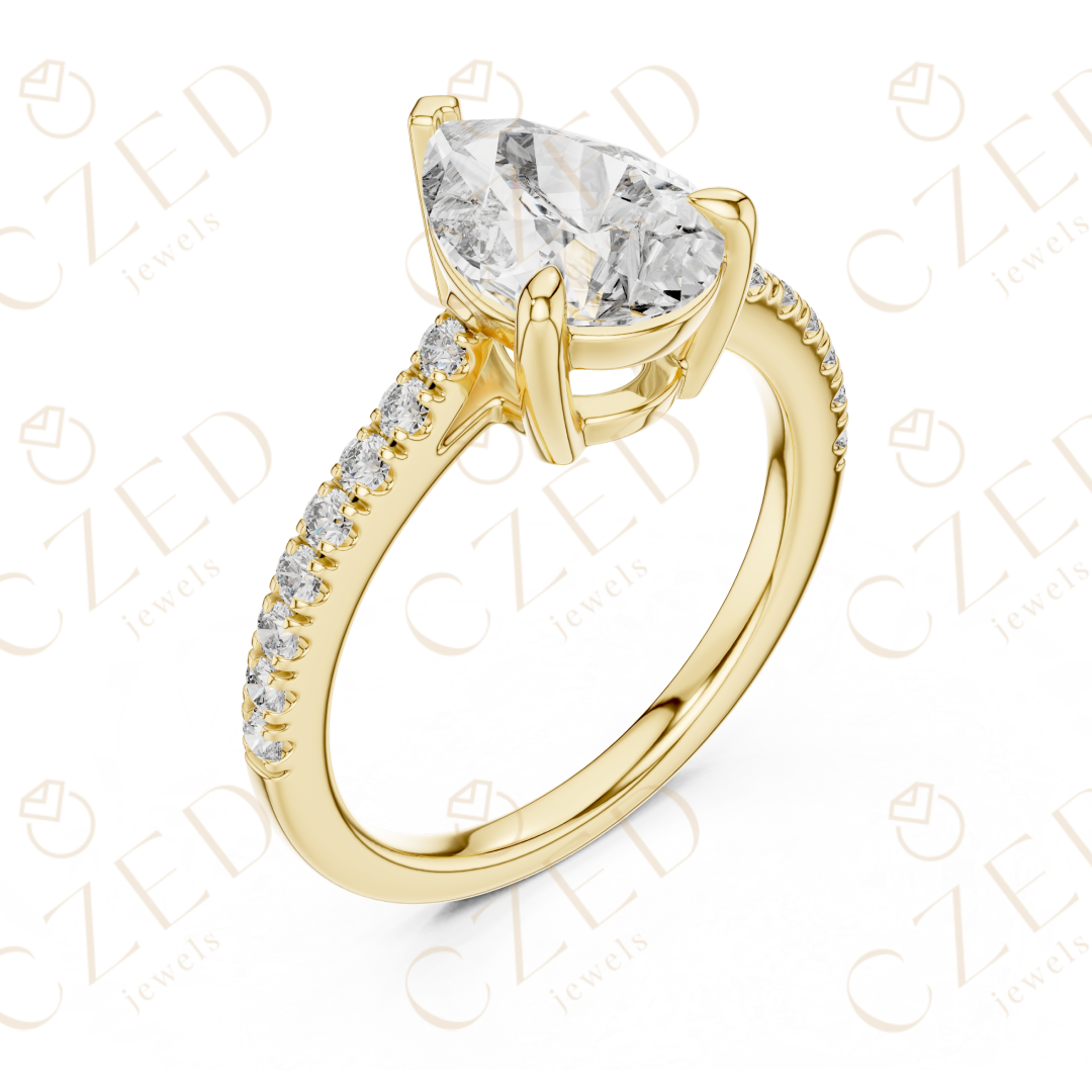 Pear Cut Diamond Solitaire Ring with Elegant Pave Side Stones