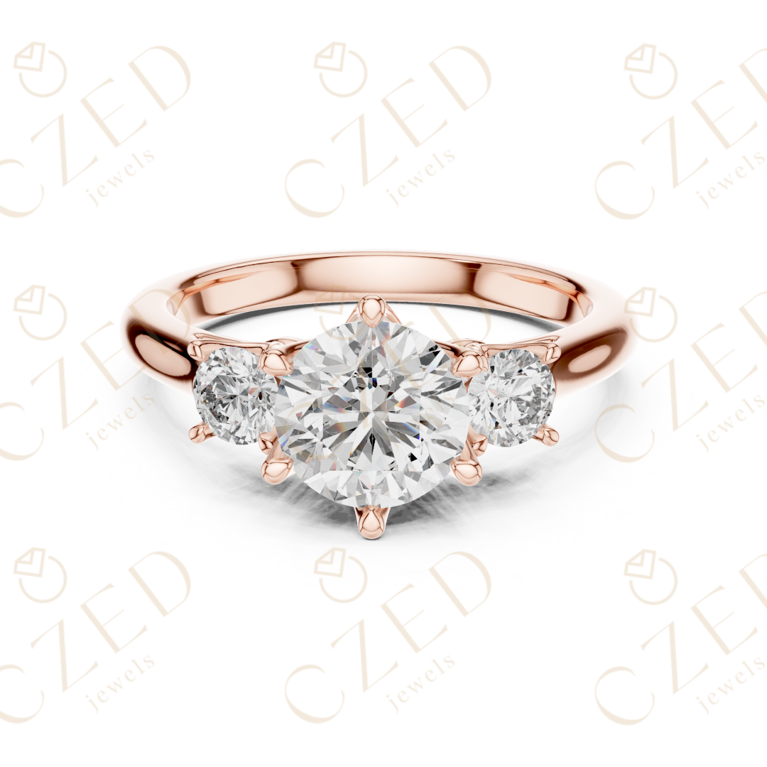 Round Cut Three Stone Diamond Ring with Classic Prong Setting