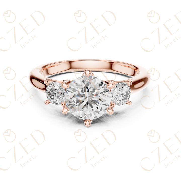 Round Cut Three Stone Diamond Ring with Classic Prong Setting