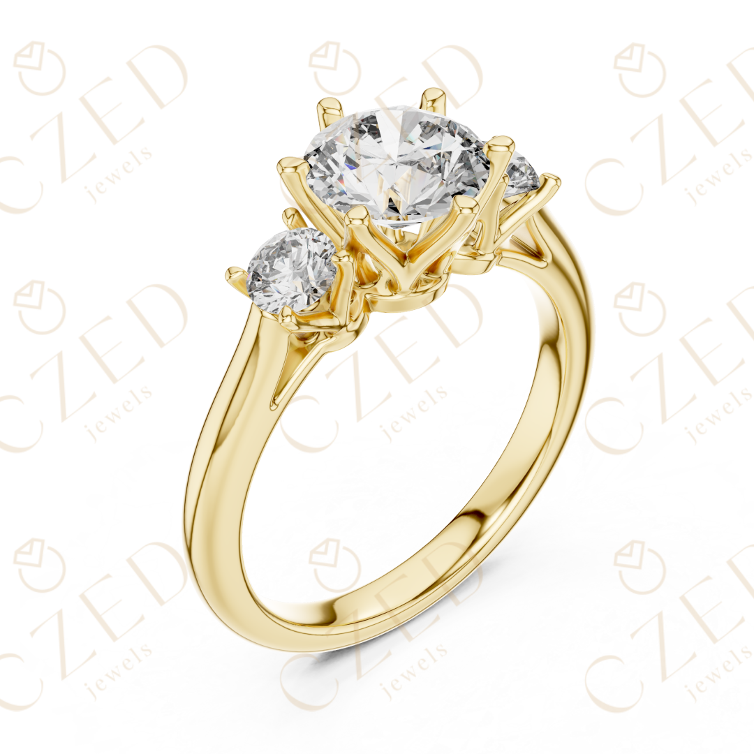 Round Cut Three Stone Diamond Ring with Classic Prong Setting