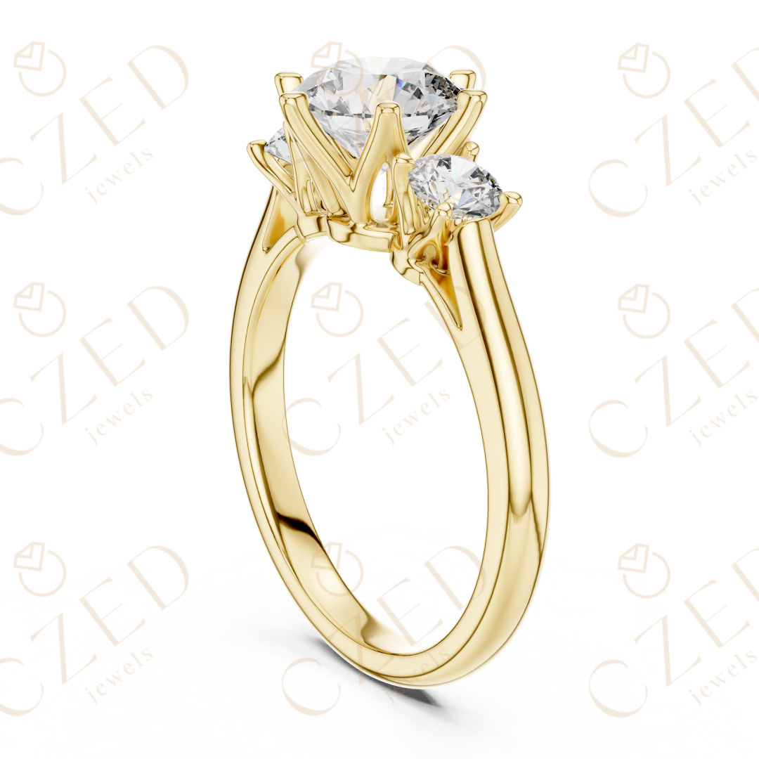 Round Cut Three Stone Diamond Ring with Classic Prong Setting