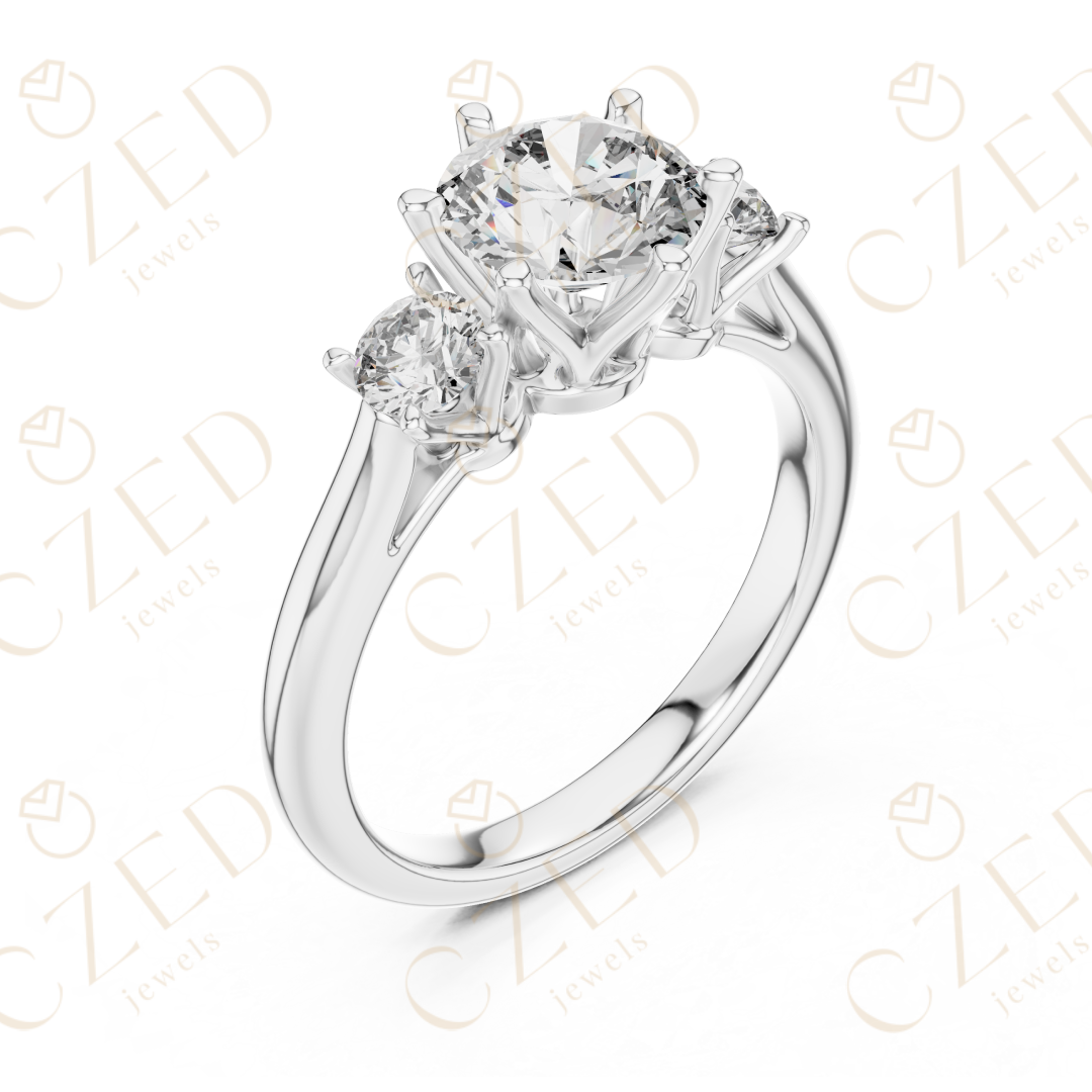 Round Cut Three Stone Diamond Ring with Classic Prong Setting