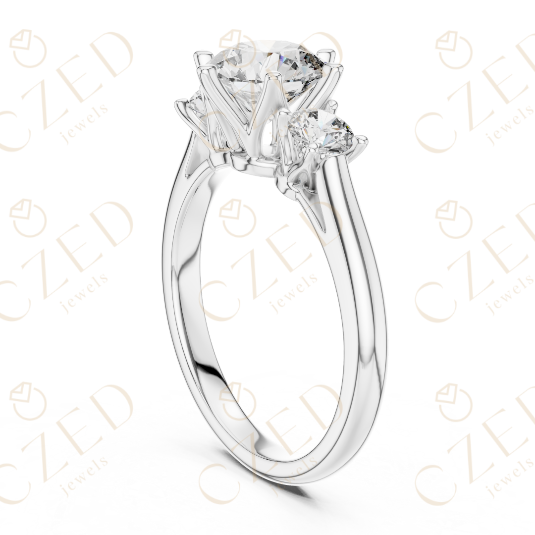 Round Cut Three Stone Diamond Ring with Classic Prong Setting