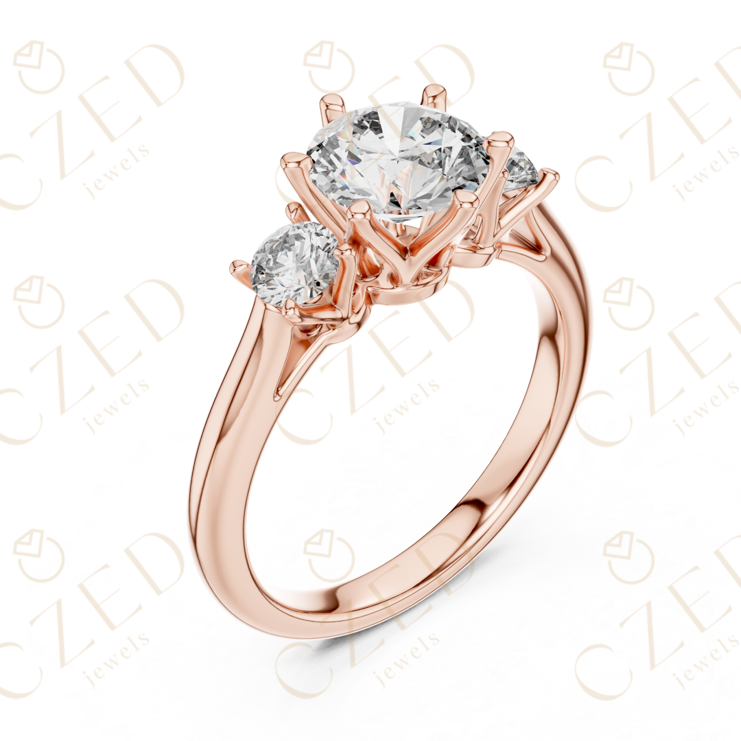 Round Cut Three Stone Diamond Ring with Classic Prong Setting