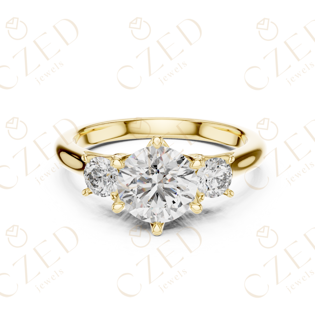 Round Cut Three Stone Diamond Ring with Classic Prong Setting