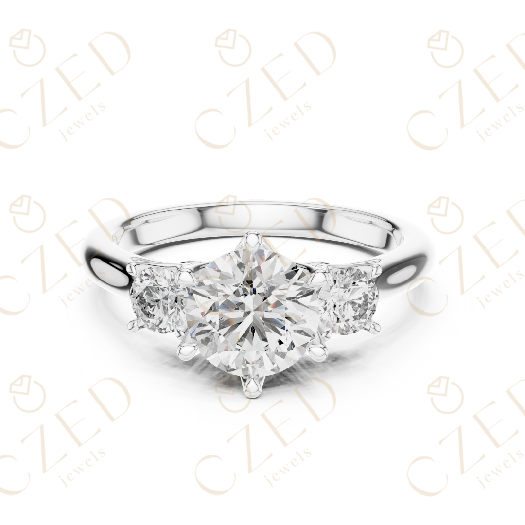 Round Cut Three Stone Diamond Ring with Classic Prong Setting