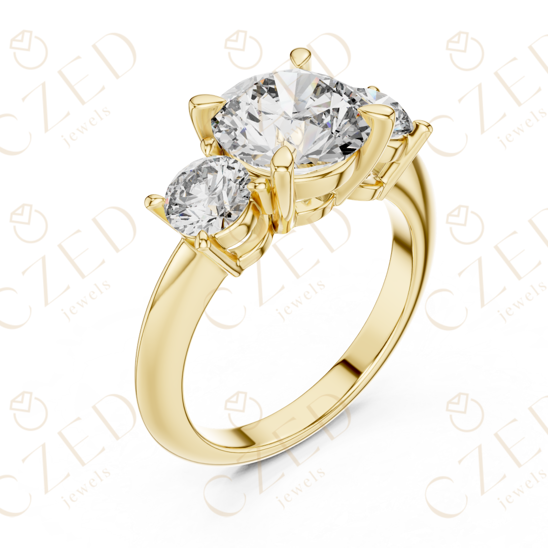 Round Cut Three Stone Diamond Ring with Classic Prong Design
