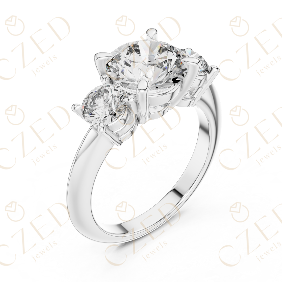 Round Cut Three Stone Diamond Ring with Classic Prong Design