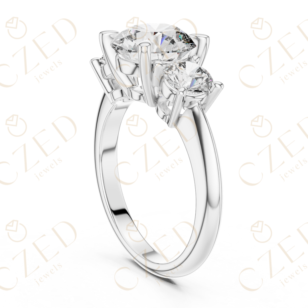 Round Cut Three Stone Diamond Ring with Classic Prong Design