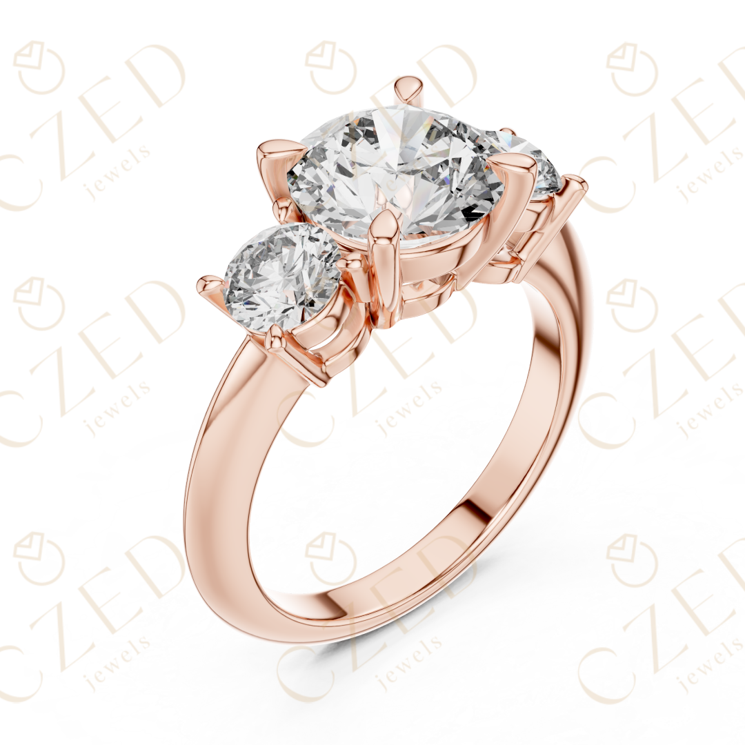 Round Cut Three Stone Diamond Ring with Classic Prong Design