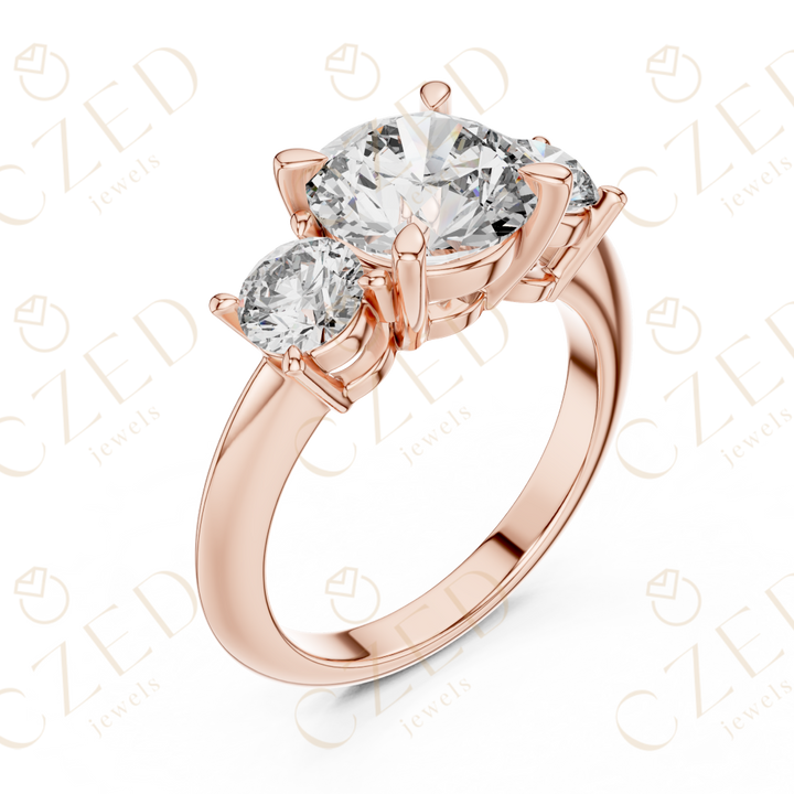 Round Cut Three Stone Diamond Ring with Classic Prong Design
