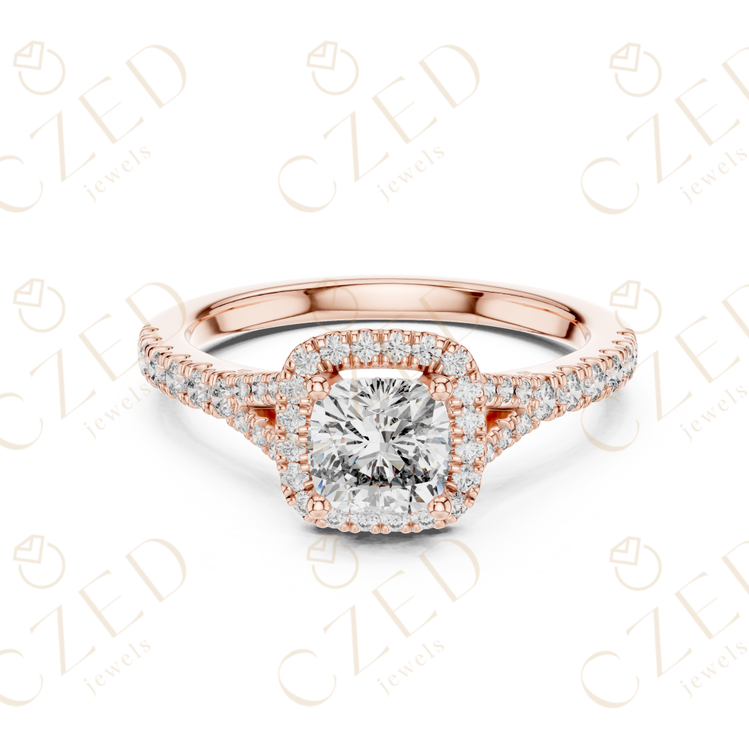 Cushion Cut Halo Diamond Ring with PavE Band