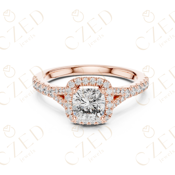 Cushion Cut Halo Diamond Ring with PavE Band