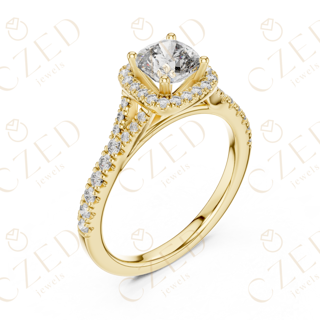 Cushion Cut Halo Diamond Ring with PavE Band