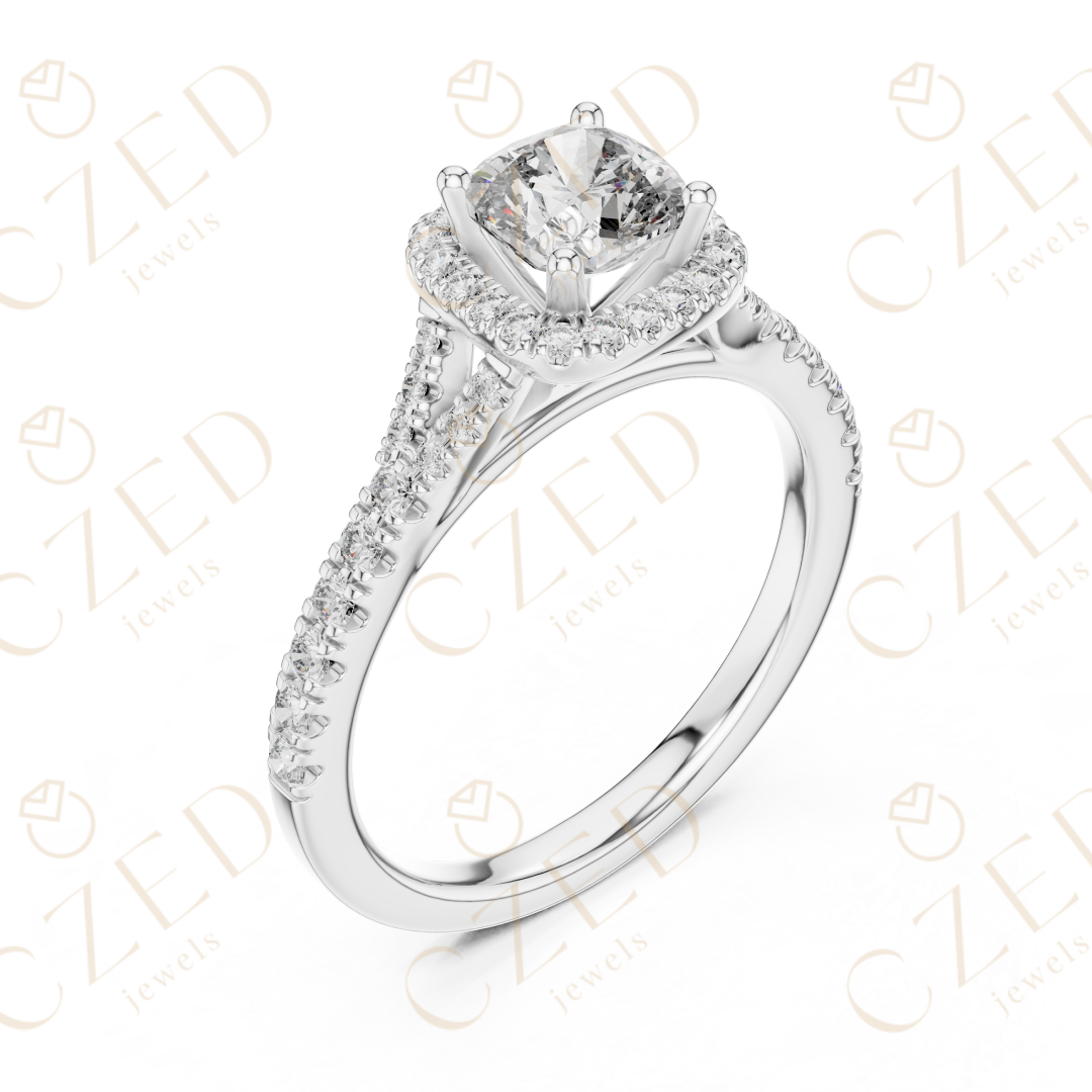 Cushion Cut Halo Diamond Ring with PavE Band