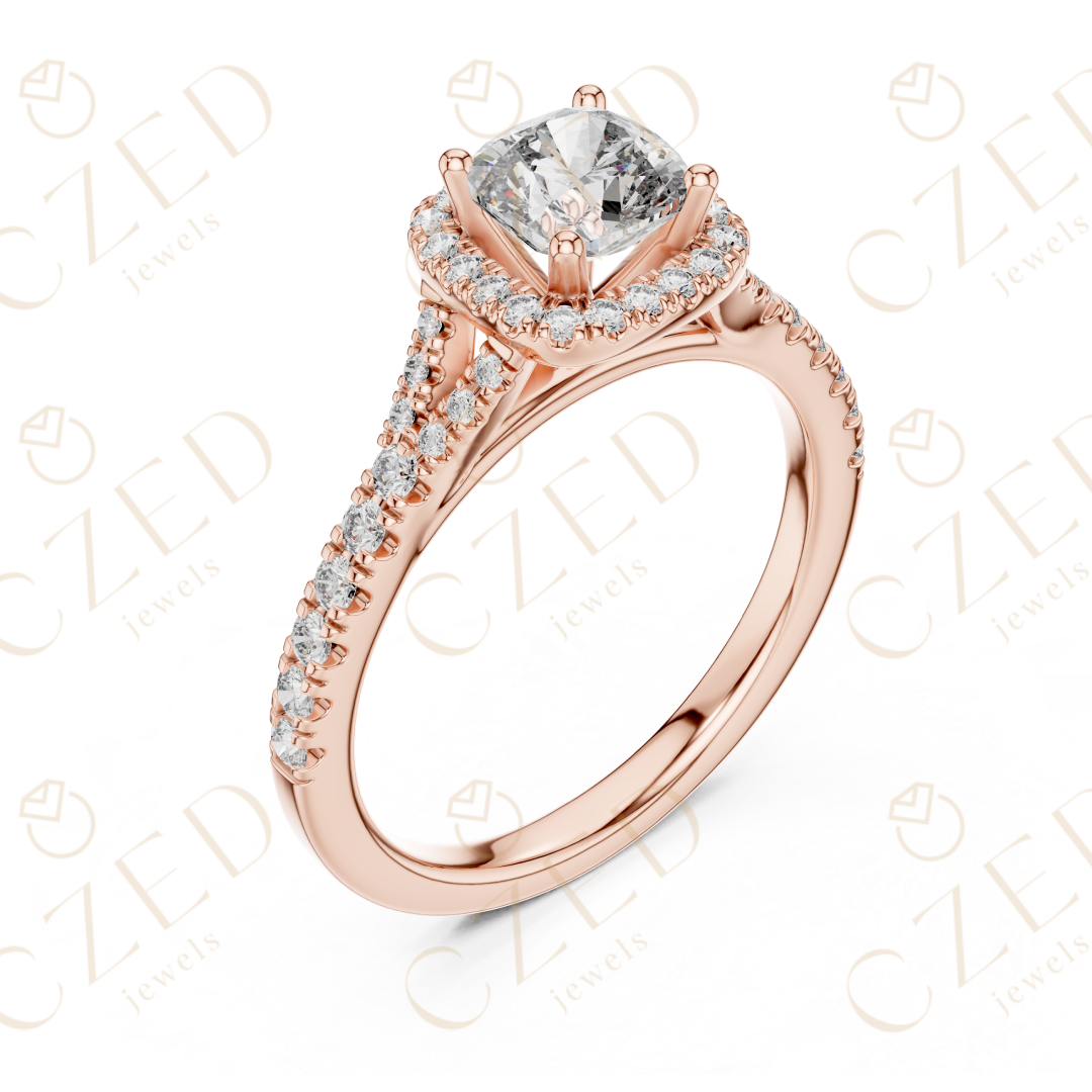 Cushion Cut Halo Diamond Ring with PavE Band