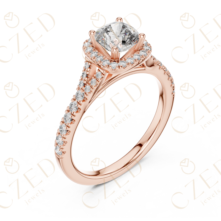 Cushion Cut Halo Diamond Ring with PavE Band