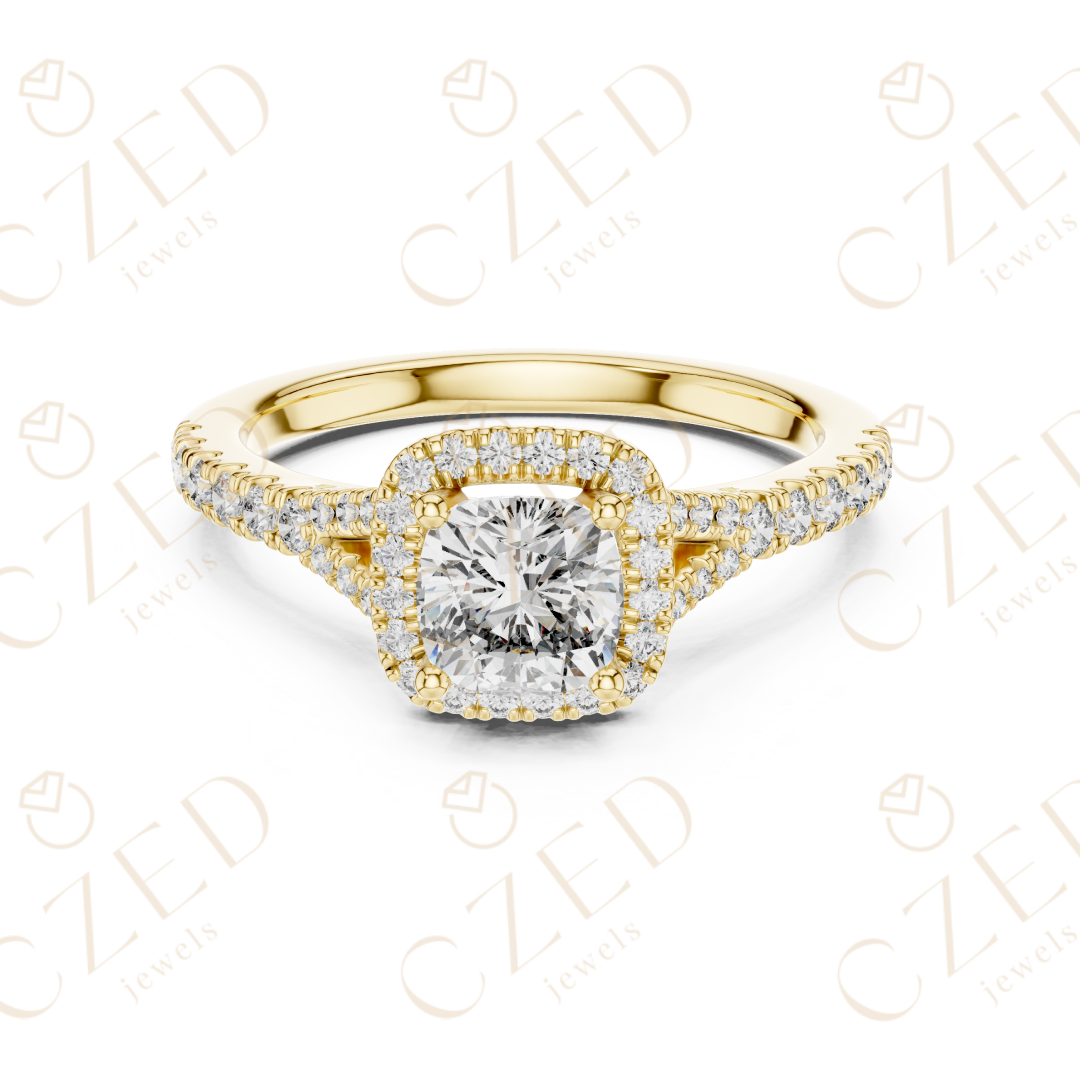Cushion Cut Halo Diamond Ring with PavE Band