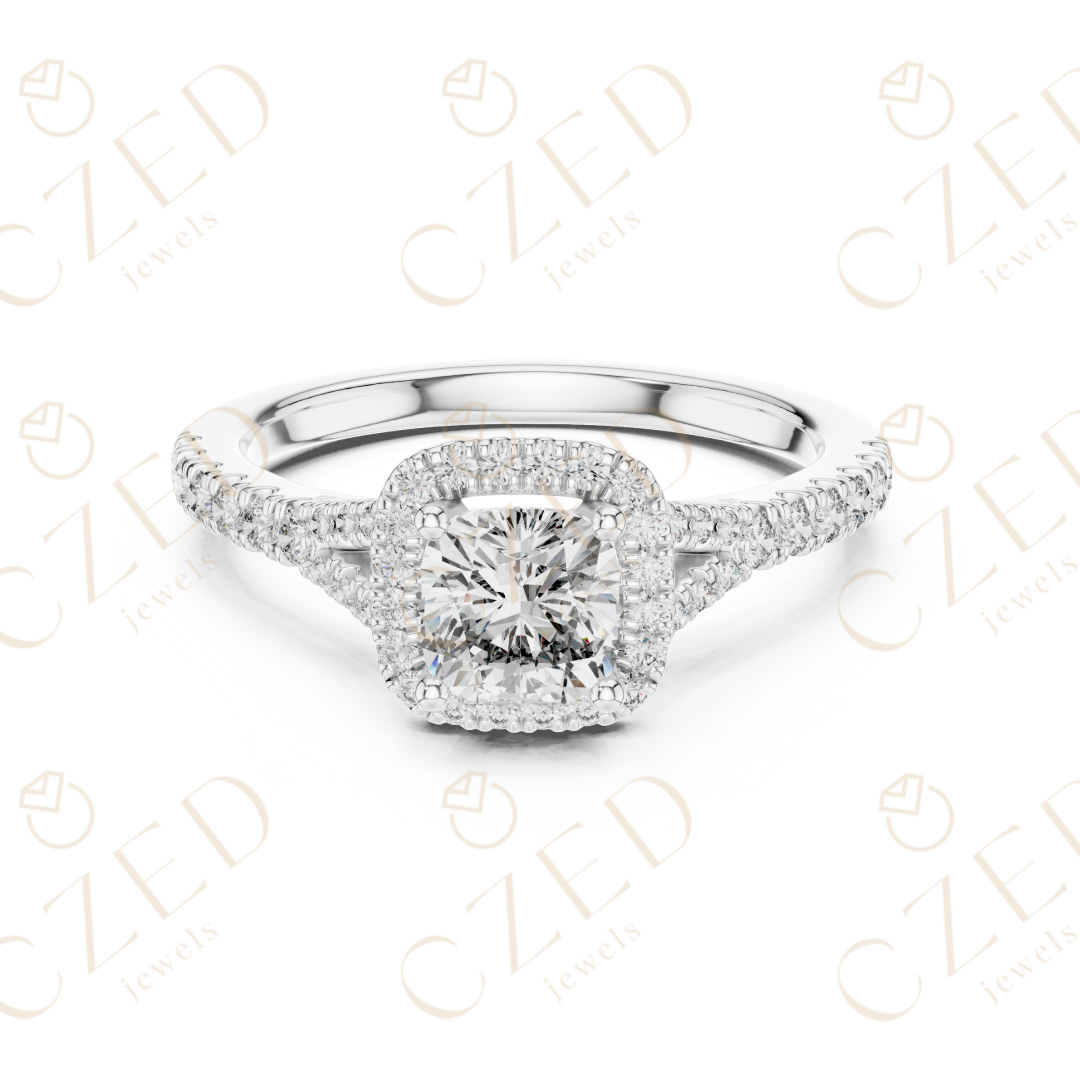 Cushion Cut Halo Diamond Ring with PavE Band