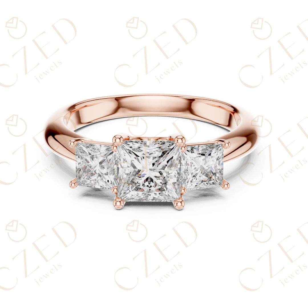 Princess Cut Three Stone Diamond Ring with Classic Prong Setting