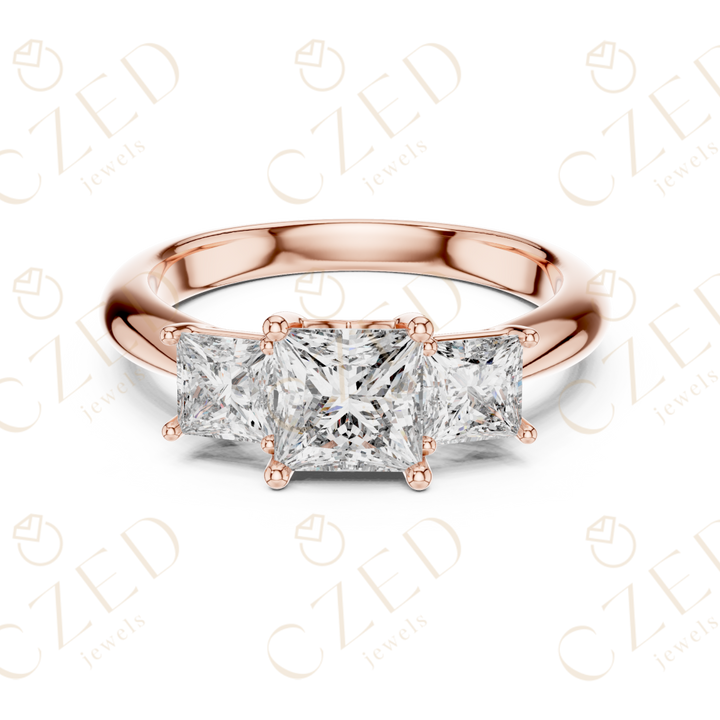 Princess Cut Three Stone Diamond Ring with Classic Prong Setting