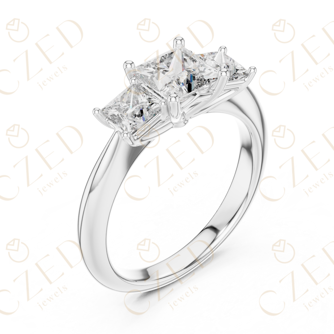 Princess Cut Three Stone Diamond Ring with Classic Prong Setting