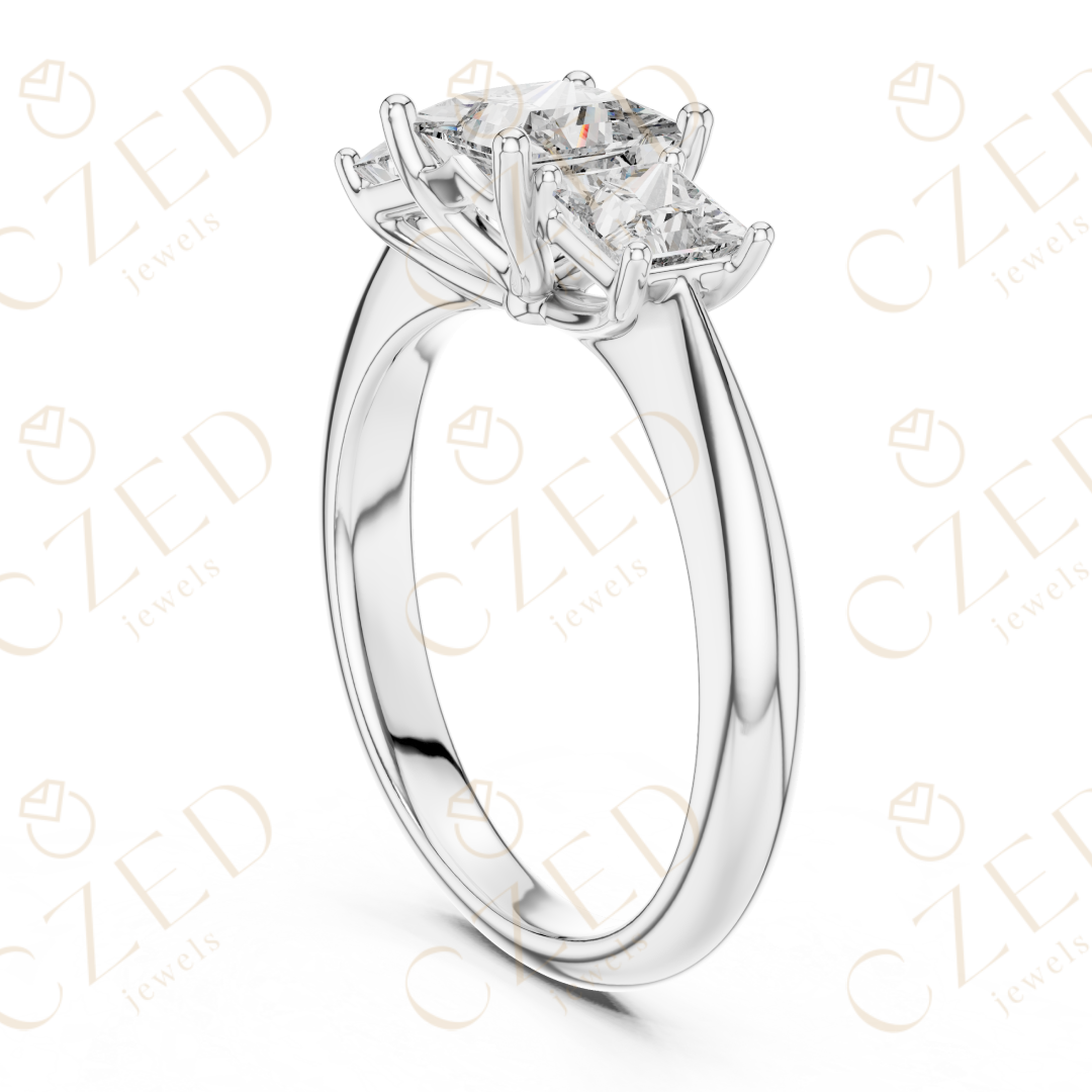 Princess Cut Three Stone Diamond Ring with Classic Prong Setting