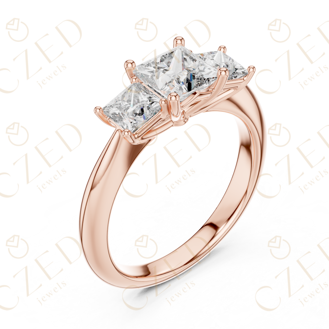 Princess Cut Three Stone Diamond Ring with Classic Prong Setting