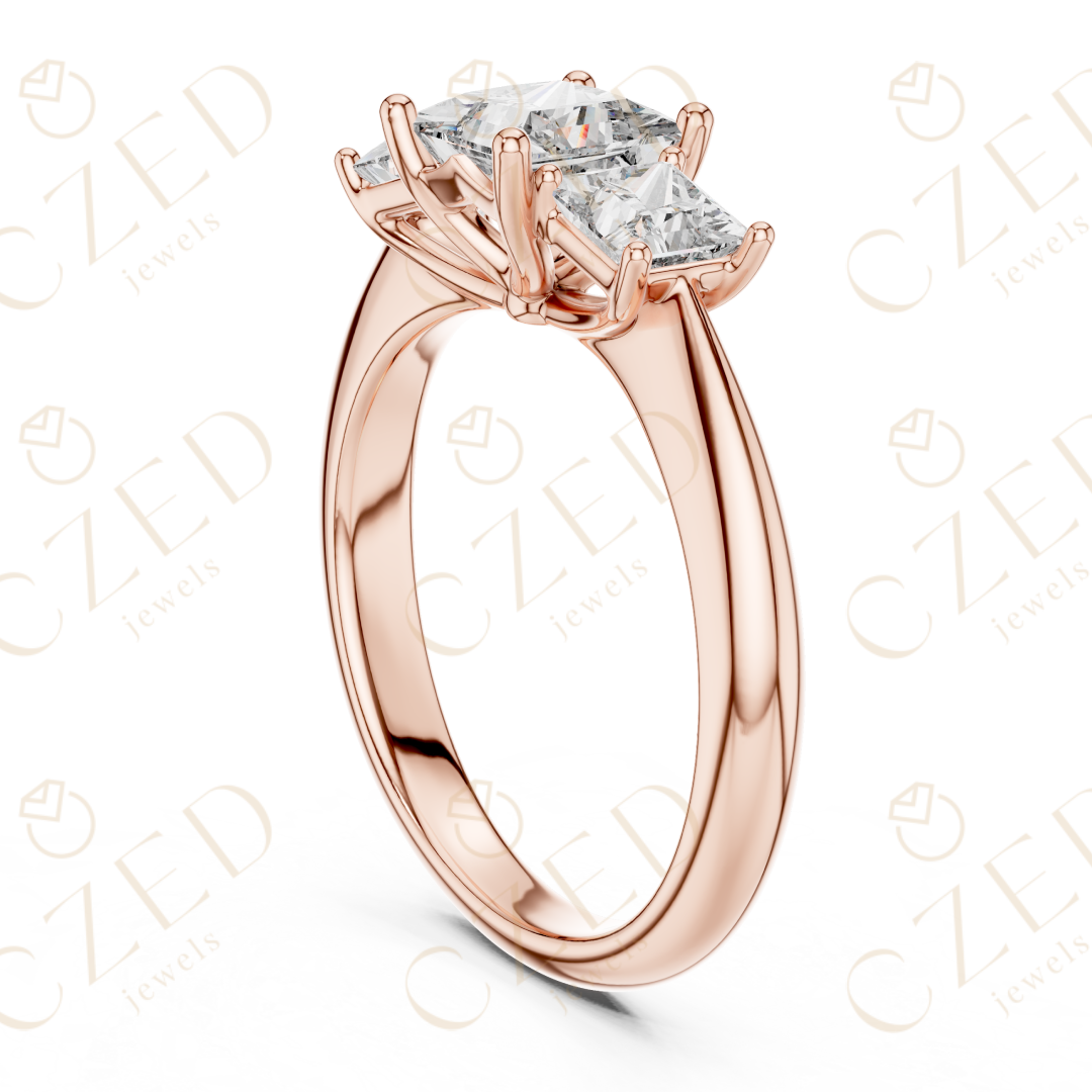 Princess Cut Three Stone Diamond Ring with Classic Prong Setting