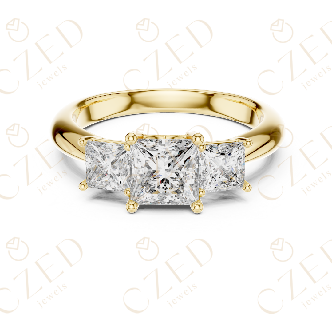 Princess Cut Three Stone Diamond Ring with Classic Prong Setting