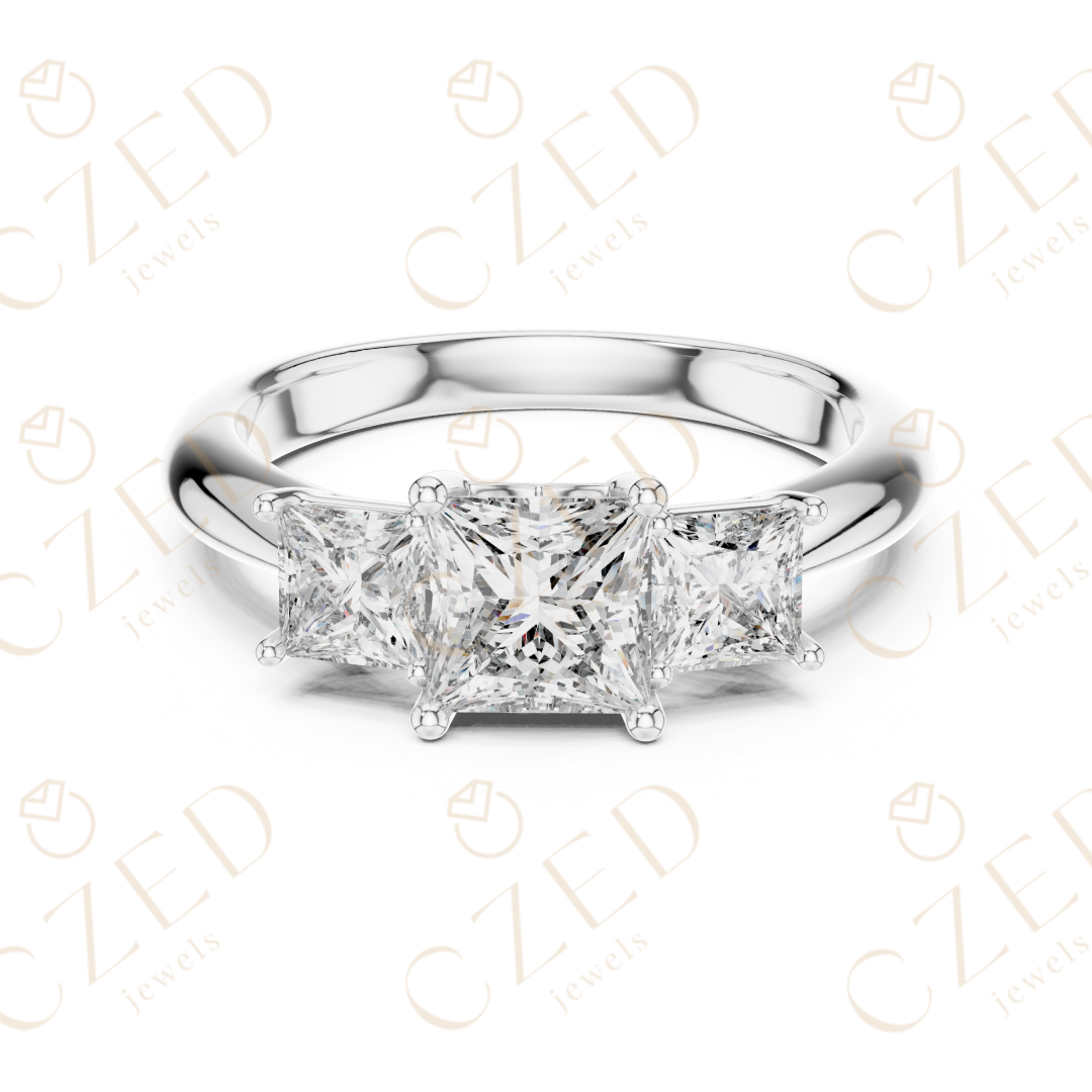 Princess Cut Three Stone Diamond Ring with Classic Prong Setting