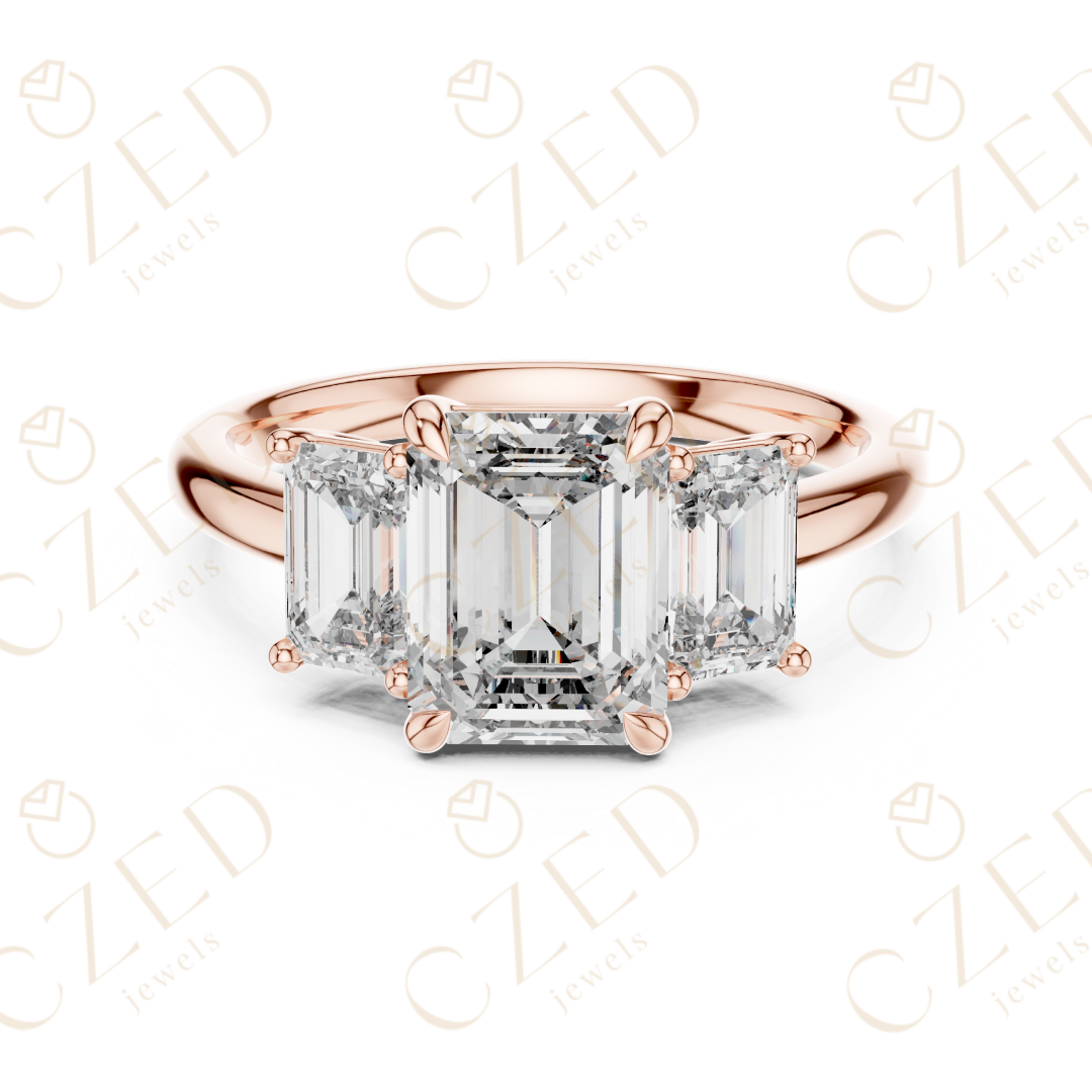 Emerald Cut Three Stone Diamond Ring with Classic Prong Setting