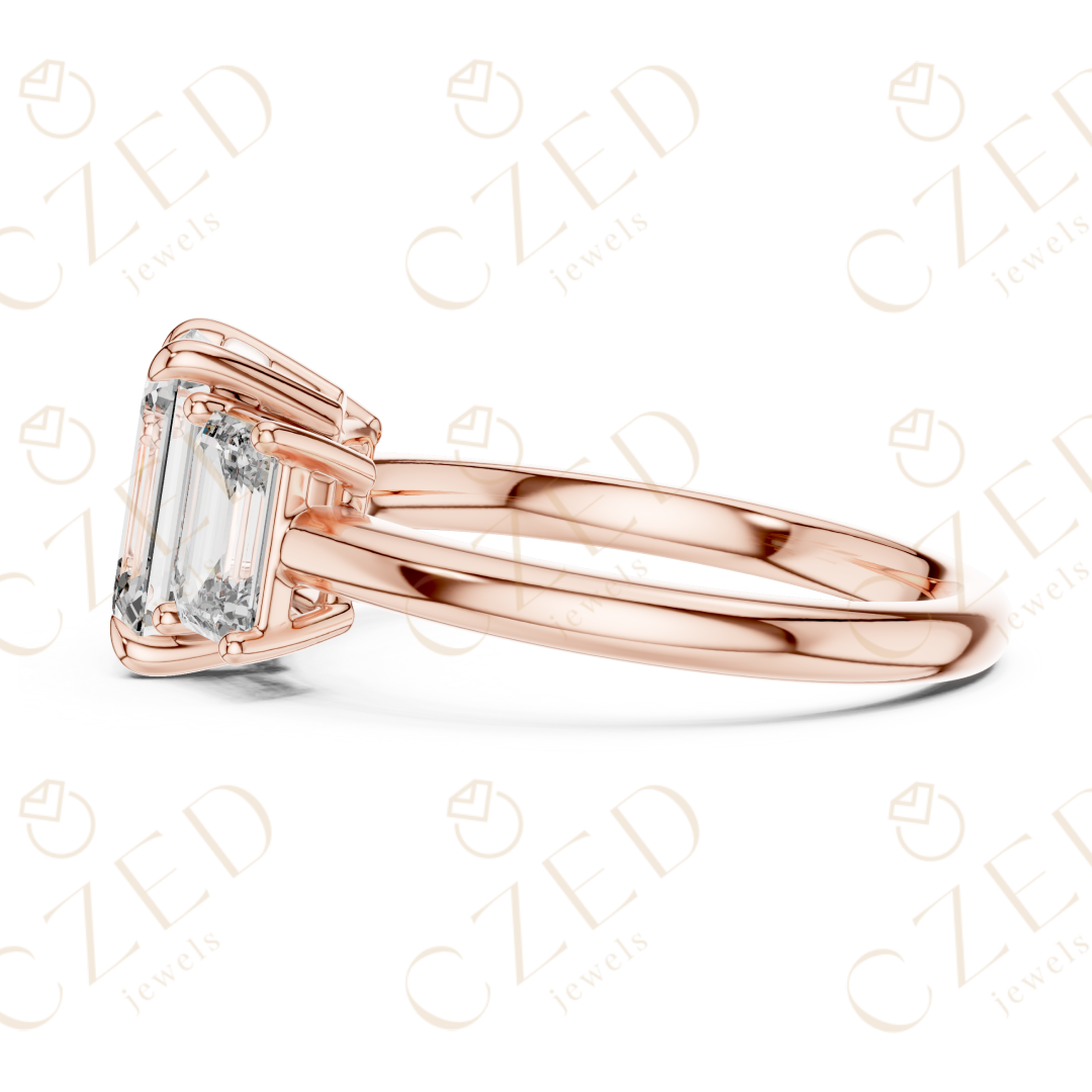 Emerald Cut Three Stone Diamond Ring with Classic Prong Setting