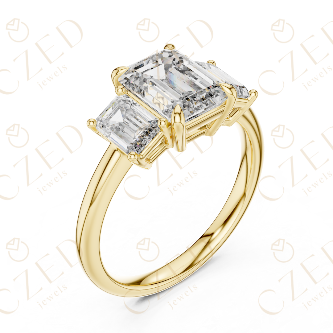 Emerald Cut Three Stone Diamond Ring with Classic Prong Setting