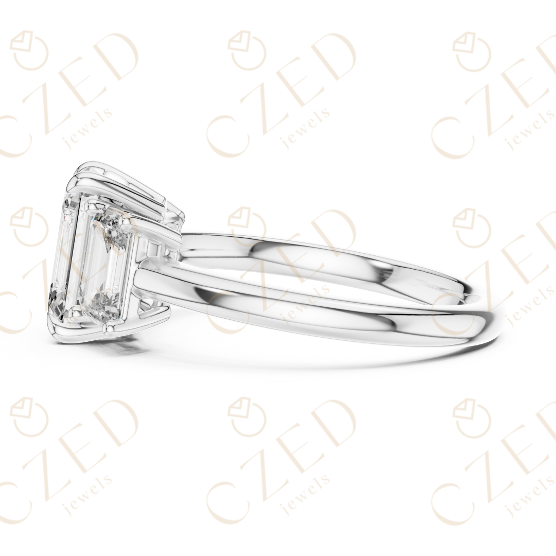 Emerald Cut Three Stone Diamond Ring with Classic Prong Setting