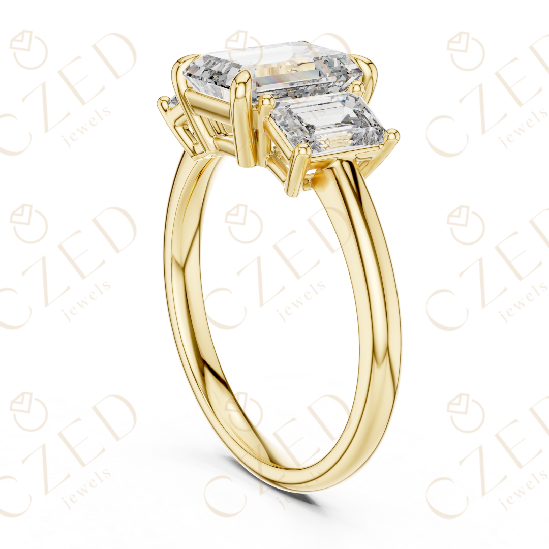 Emerald Cut Three Stone Diamond Ring with Classic Prong Setting