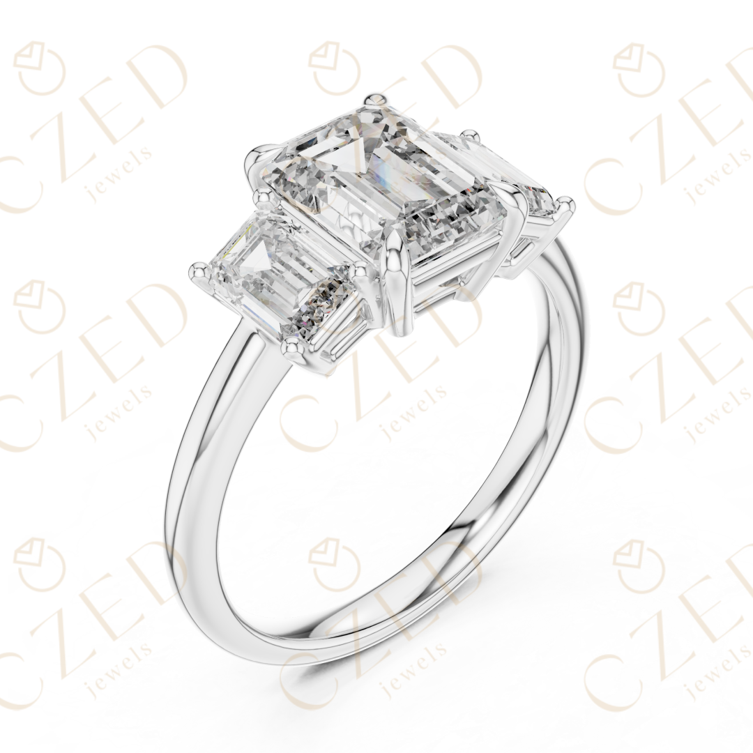 Emerald Cut Three Stone Diamond Ring with Classic Prong Setting