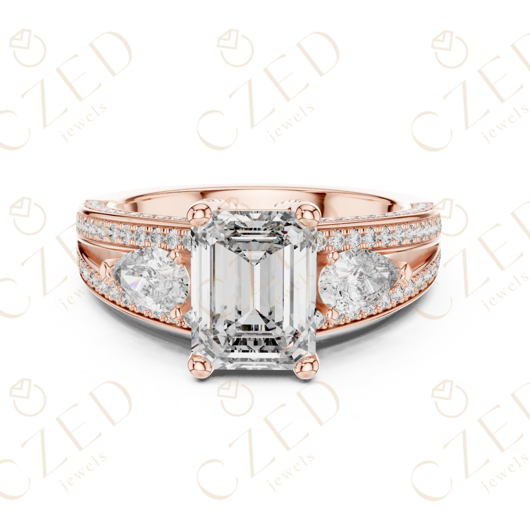 Emerald Cut Diamond Three Stone Ring with Pave Split Shank