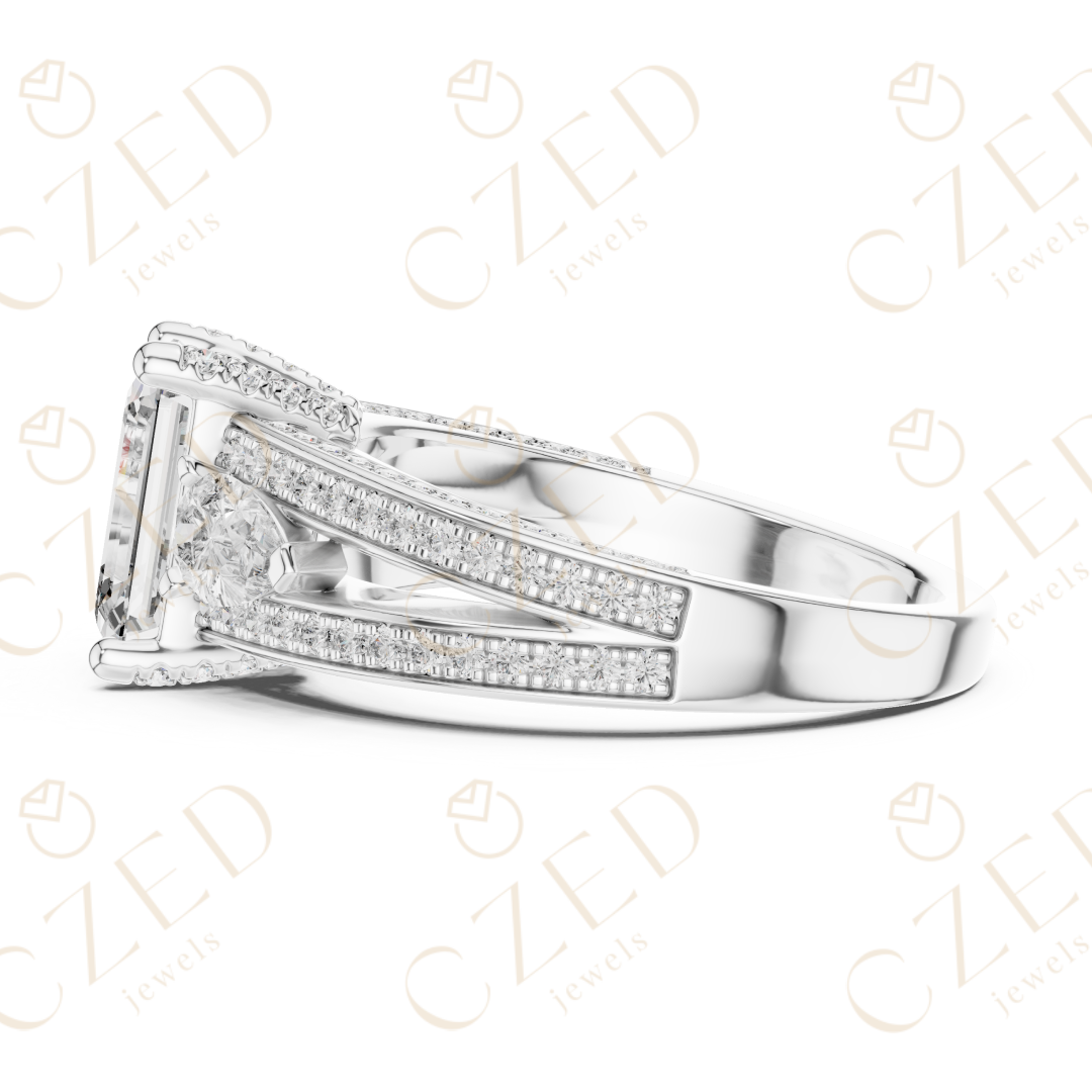 Emerald Cut Diamond Three Stone Ring with Pave Split Shank