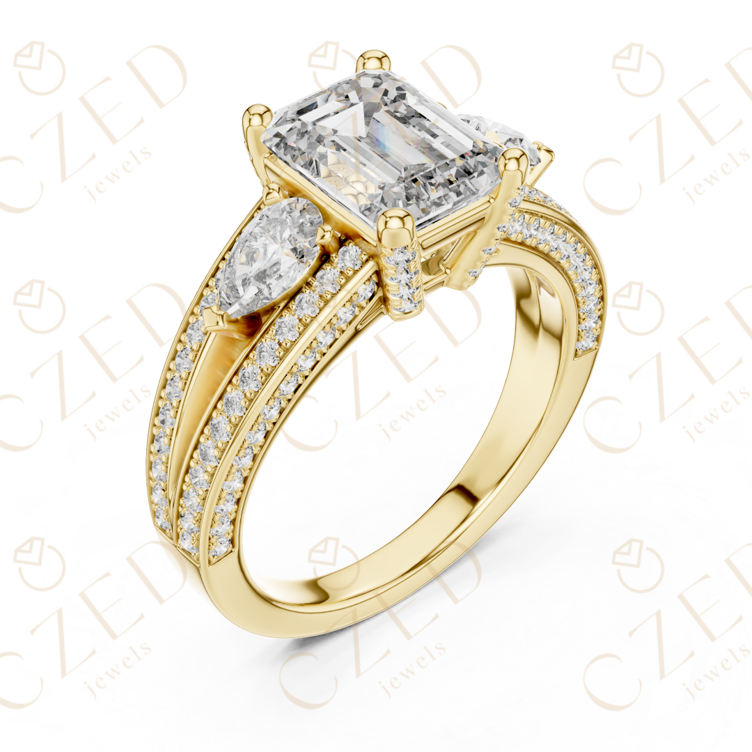 Emerald Cut Diamond Three Stone Ring with Pave Split Shank