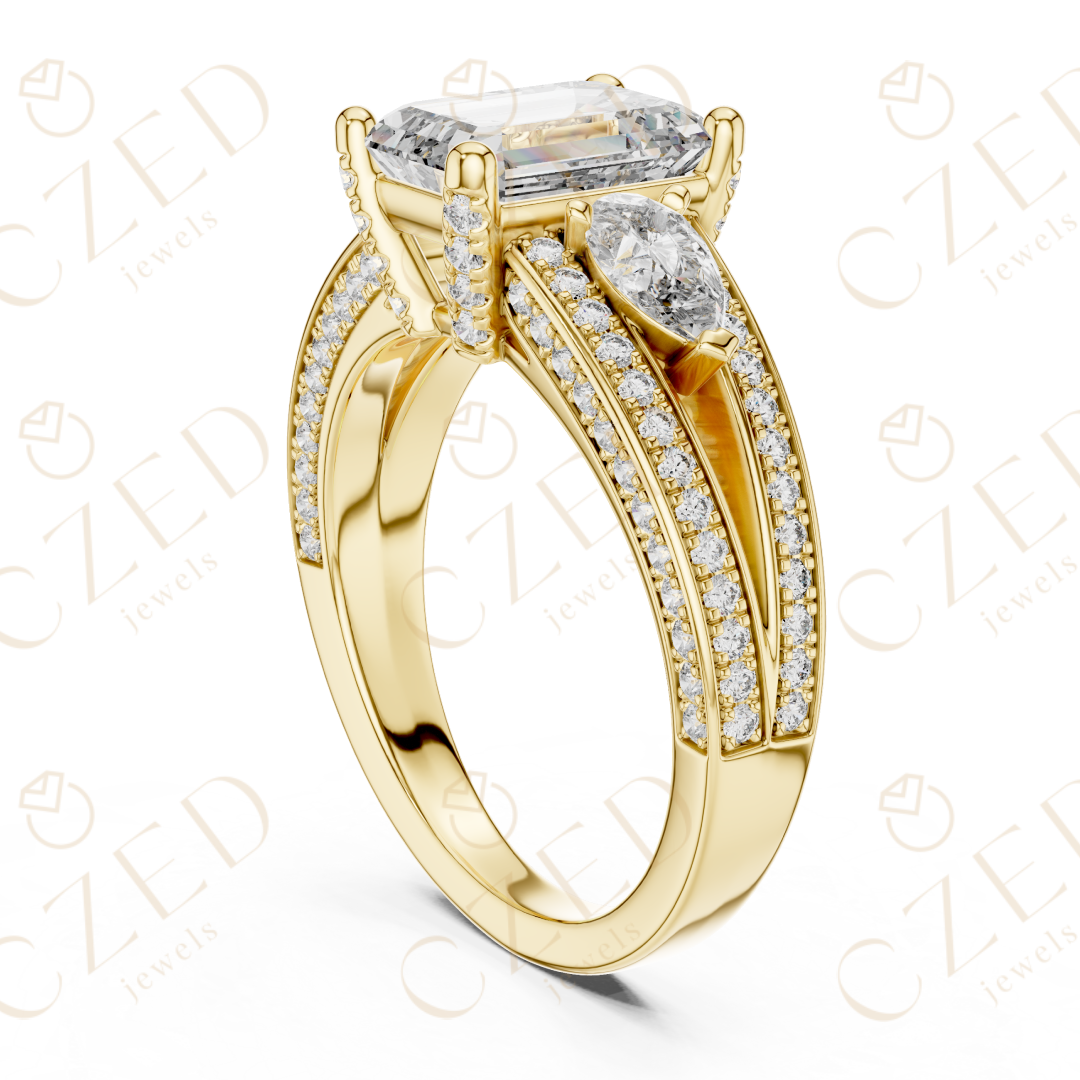 Emerald Cut Diamond Three Stone Ring with Pave Split Shank