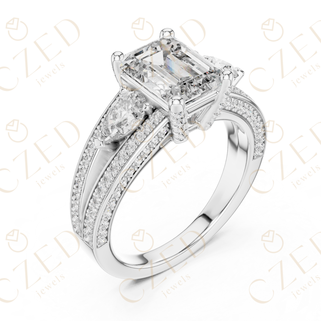 Emerald Cut Diamond Three Stone Ring with Pave Split Shank