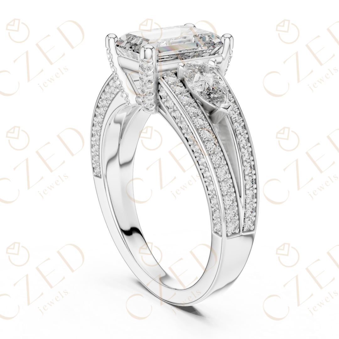 Emerald Cut Diamond Three Stone Ring with Pave Split Shank