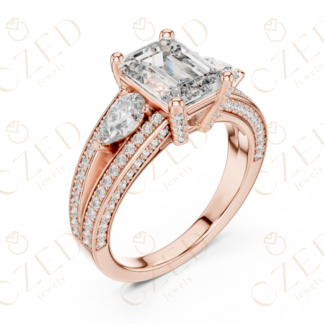 Emerald Cut Diamond Three Stone Ring with Pave Split Shank