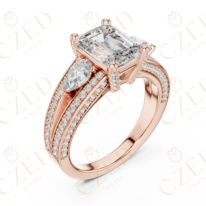 Emerald Cut Diamond Three Stone Ring with Pave Split Shank