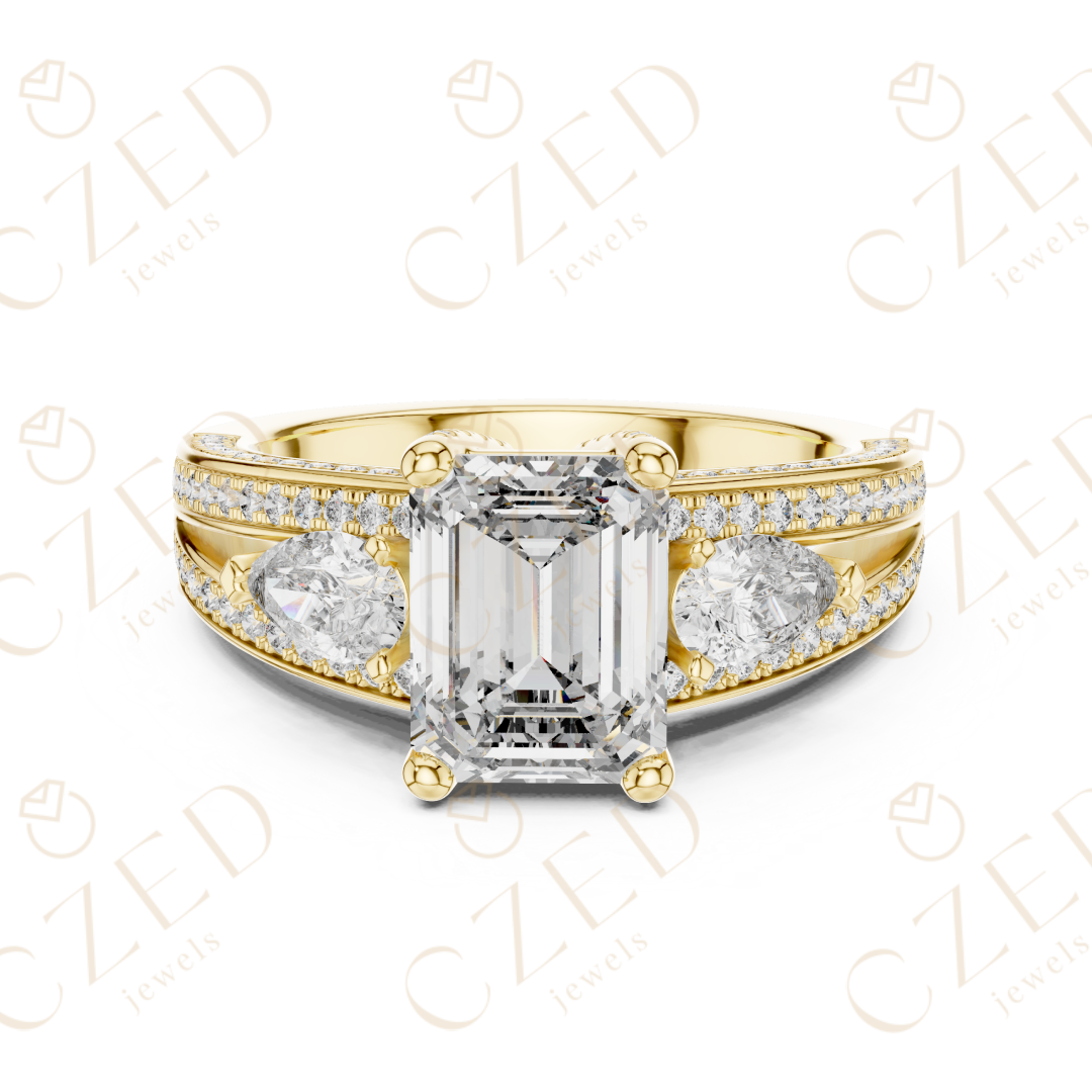 Emerald Cut Diamond Three Stone Ring with Pave Split Shank