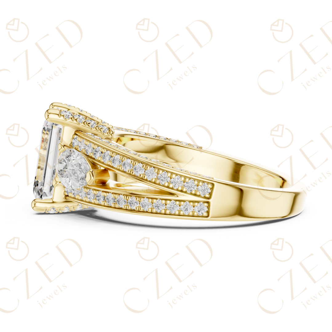 Emerald Cut Diamond Three Stone Ring with Pave Split Shank