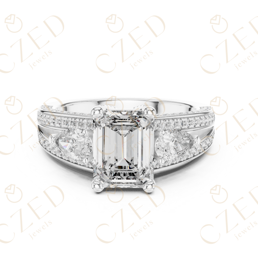 Emerald Cut Diamond Three Stone Ring with Pave Split Shank